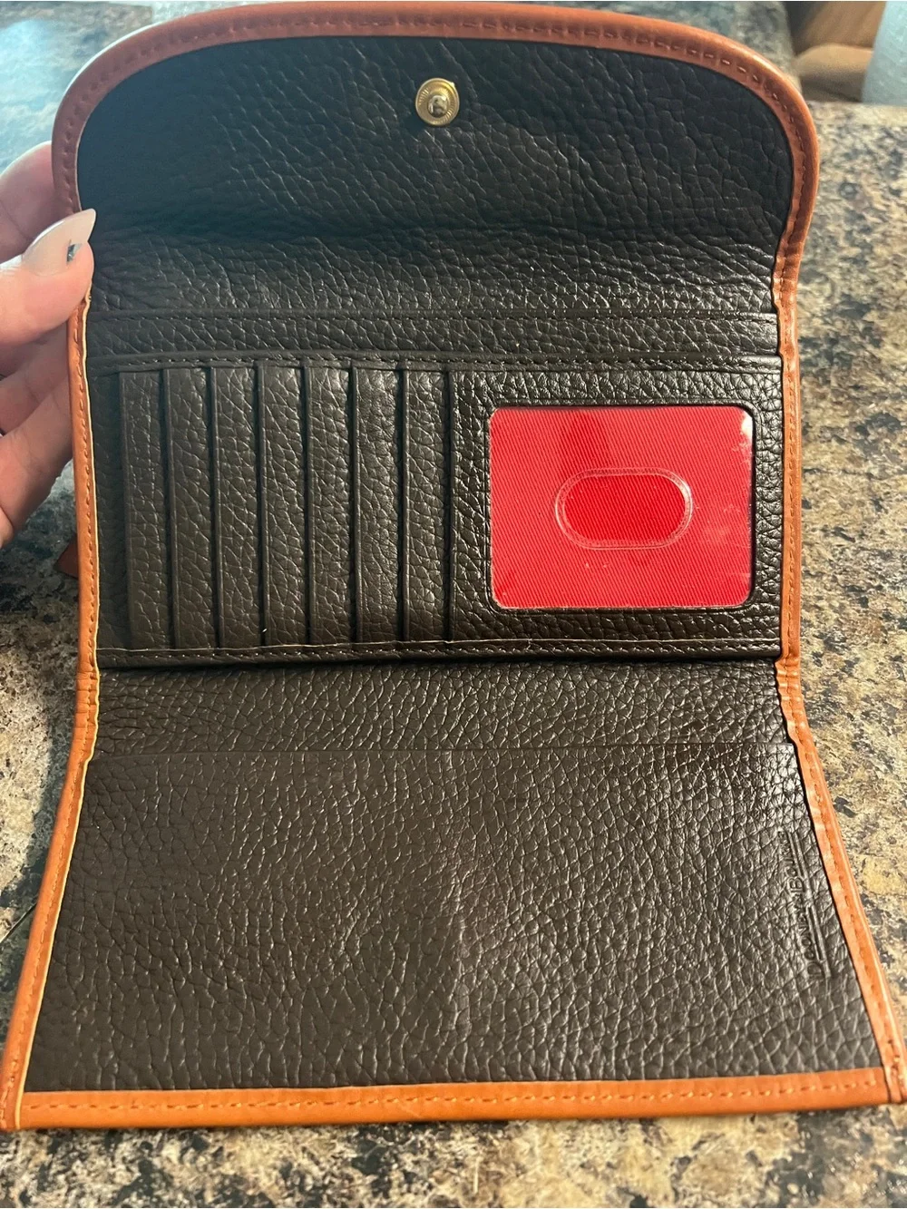 Dooney & Bourke Dark Brown Pebbled Leather Wallet with Tan Trim
